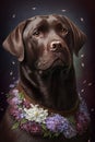 chocolate Labrador Portrait ornate with Flowers