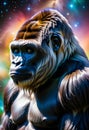 AI generated illustration of a gorilla standing against a backdrop of stars and nebulas