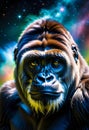 AI generated illustration of a gorilla standing against a backdrop of stars and nebulas