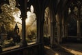 AI-generated illustration of a Gothic cloister at sunset