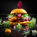 AI generated illustration of a gourmet juicy burger with chicken and greens