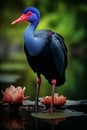 AI generated illustration of a graceful blue Purple Swamphen perched on water by pond flowers