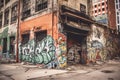 AI generated illustration of graffiti-covered abandoned building with broken windows Royalty Free Stock Photo