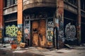 AI generated illustration of graffiti-covered abandoned building with broken windows Royalty Free Stock Photo
