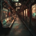 AI generated illustration of a graffiti-covered train with bench in between Royalty Free Stock Photo