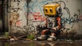 AI-generated illustration of a graffiti of a robotic figure with a yellow-colored faceplate Royalty Free Stock Photo