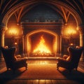 a grand medieval hall with a large, roaring fireplace at its center, comforting amber lighting