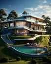 AI generated illustration of a grand modern house with an outdoor swimming pool Royalty Free Stock Photo