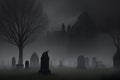 AI generated illustration of a graveyard filled with headstones illuminated by a foggy night sky,