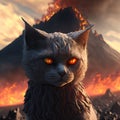 AI-generated illustration of a gray cat with fiery eyes and the active volcano in the background