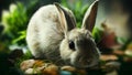 AI-generated illustration of a gray rabbit eating greens