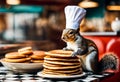 AI generated illustration of a gray squirrel perched on a wooden table, with fluffy pancakes