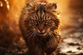 a gray striped tabby cat standing in shallow water in a sunlit, dry grassy field