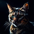 AI generated illustration of A gray tabby cat illuminated by natural light and with intense eyes