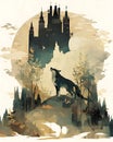 AI generated illustration of a gray wolf howling in a forest against a castle Royalty Free Stock Photo