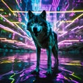 AI generated illustration of a gray wolf illuminated by neon lights