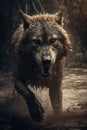 AI generated illustration of a gray wolf running through an idyllic forest stream Royalty Free Stock Photo