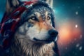 AI generated illustration of a gray wolf wearing a knitted hat in a snow-covered landscape