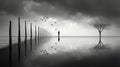 AI generated illustration of a grayscale of a silhouette of a lone individual on a tranquil lake