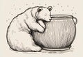 AI generated illustration of grayscale sketch of a bear against a honey pot Royalty Free Stock Photo