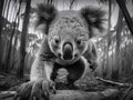 AI generated illustration of a grayscale of a young koala in a lush woodland environment