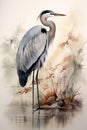 AI-generated illustration of a Great Heron perched on a shoreline