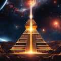 AI generated illustration of the Great Pyramid of the Aztec civilization against a cosmic backdrop