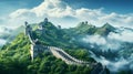 AI-generated illustration of the Great Wall of China against a blue sky with fluffy white clouds