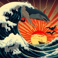 AI generated illustration of The Great Wave off Kanagawa Royalty Free Stock Photo