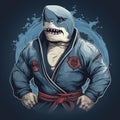 AI generated illustration of a great white shark dressed in a karate gi, ready to engage in battle