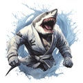 AI generated illustration of a great white shark dressed in a karate gi, ready to engage in battle
