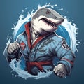 AI generated illustration of a great white shark dressed in a karate gi, ready to engage in battle