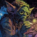 AI generated illustration of a green alien creature smoking a joint, comic book style