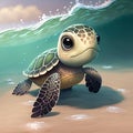 AI generated illustration of a green cartoon sea turtle resting on the sandy seafloor