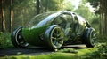 AI generated illustration of a green eco-friendly vehicle parked in a forest next to a pathway Royalty Free Stock Photo