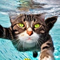 AI generated illustration of a green-eyed tabby cat underwater.