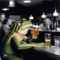 AI generated illustration of a green frog sits at a bar counter holding a glass of beer