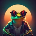 AI generated illustration of a green frog wearing a stylish jacket and sunglasses