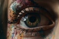 AI generated illustration of a green human eye with dried paint on the eyelid