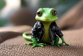 AI generated illustration of a green lizard wearing a faux leather jacket