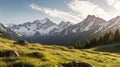 AI generated illustration of a green meadow against snow-capped mountains on a sunny day Royalty Free Stock Photo