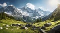 AI generated illustration of a green meadow against snow-capped mountains on a sunny day Royalty Free Stock Photo