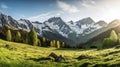 AI generated illustration of a green meadow against snow-capped mountains on a sunny day Royalty Free Stock Photo