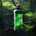 AI generated illustration of a green pendant necklace in a natural outdoor setting