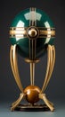 AI generated illustration of a green reflective sphere on a golden pedestal