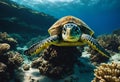 a green turtle swimming over a coral reef with water above Royalty Free Stock Photo