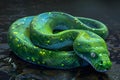 AI generated illustration of a green serpent resting on rocks