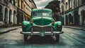 a green classic car sits on a brick road in an old european town Royalty Free Stock Photo