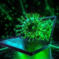AI generated illustration of a green virus cell on the screen of a laptop computer Royalty Free Stock Photo