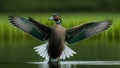 AI generated illustration of a green-winged teal duck flying over a tranquil pond
